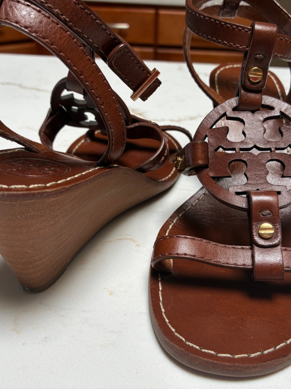 Tory Burch Brown Leather Logo Wedge Sandals